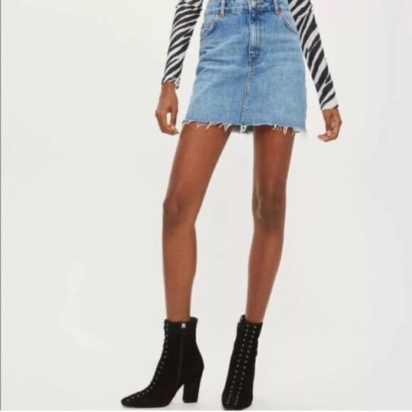 Topshop MOTO 100% Cotton Medium Wash Frayed Hem Jean Skirt 6 - Picture 2 of 8